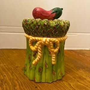 Ceramic Asparagus Cookie Jar Canister with Eggplant on top. Vintage